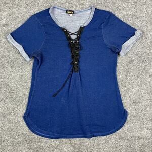 Glitz‎ Top Womens Size M Blue Short Sleeve Lace Up Front Casual Stretch Babydoll